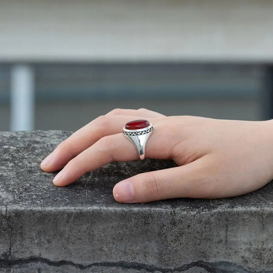 925 Sterling Silver Ring for Males with Red Natural Agate Stone Rings Men