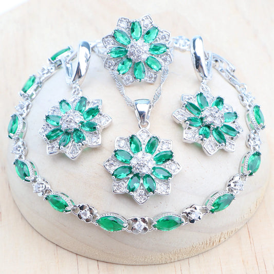 Green Zircon Jewelry Sets Ladies 925 Sterling Silver