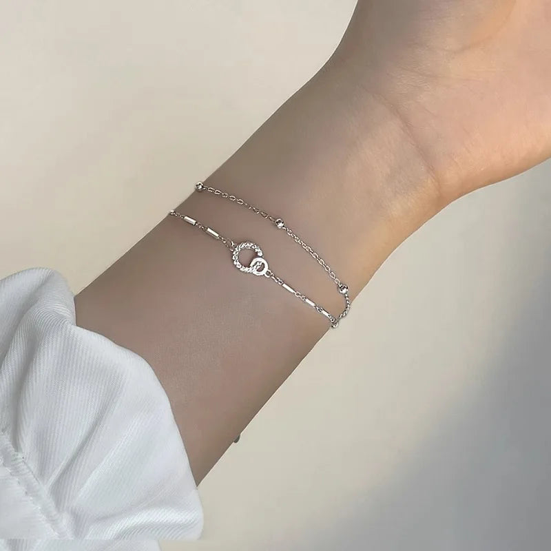 New 925 Sterling Silver Round Double Layer Bracelet Simple Style