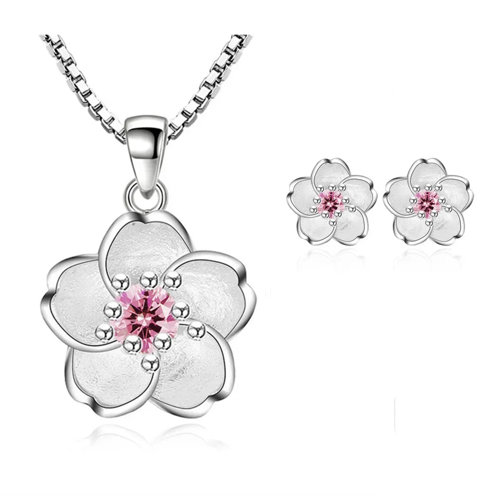 925 Sterling Silver Sakura Dolphin Zircon Elegant Jewelry  Earrings Necklace