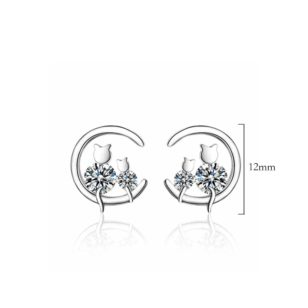 Moon Cat Earrings Necklaces For women 925 Sterling Silver Cubic Zirconia