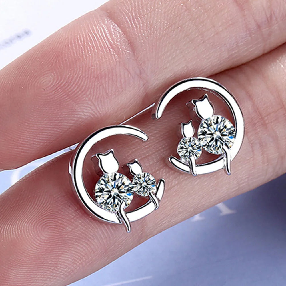 Moon Cat Earrings Necklaces For women 925 Sterling Silver Cubic Zirconia