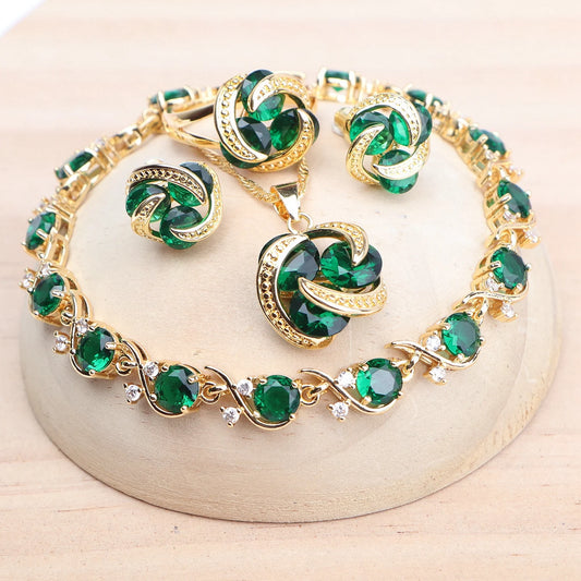 Gold Color Bridal Green Zircon Jewelry Sets For Women 925 Silver Wedding