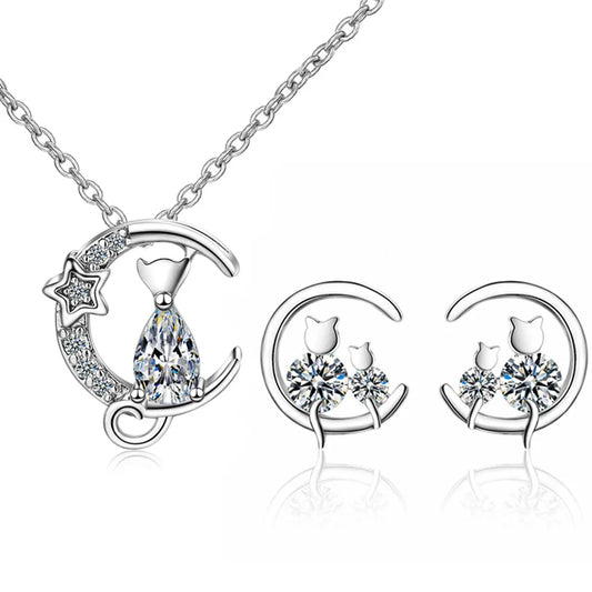 Moon Cat Earrings Necklaces For women 925 Sterling Silver Cubic Zirconia