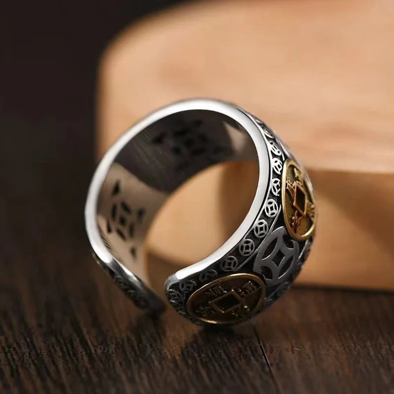 Chinese Style Vintage Copper Coin Opening Ring for Men Women