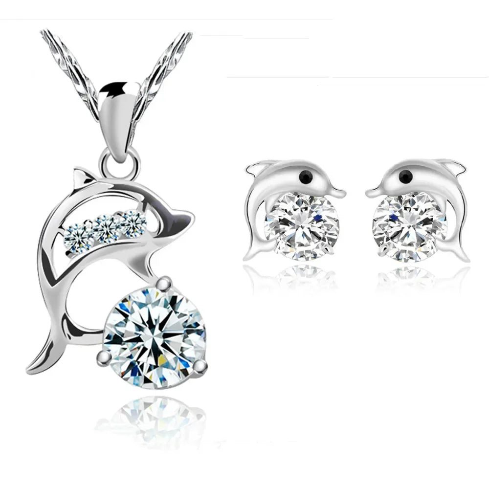 925 Sterling Silver Sakura Dolphin Zircon Elegant Jewelry  Earrings Necklace