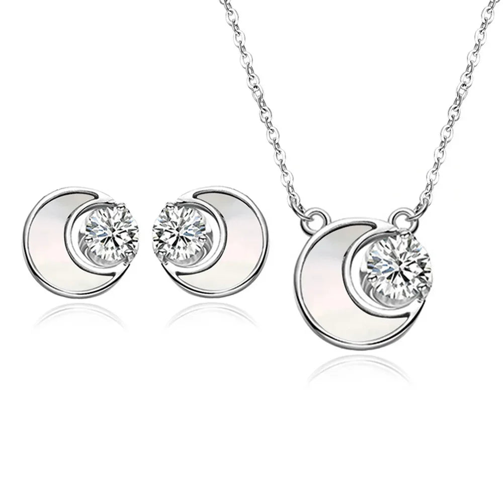 925 Sterling Silver Moon Zircon Elegant Jewelry Earring Necklace