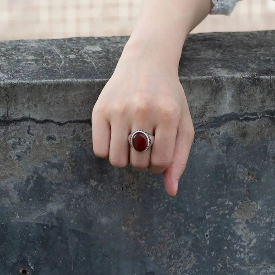 925 Sterling Silver Ring for Males with Red Natural Agate Stone Rings Men