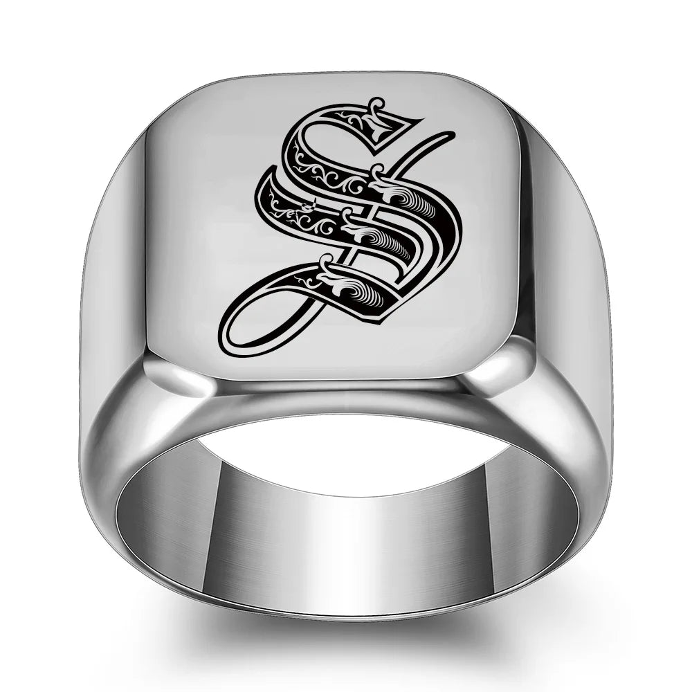 Retro Initials Signet Ring for Men 14mm