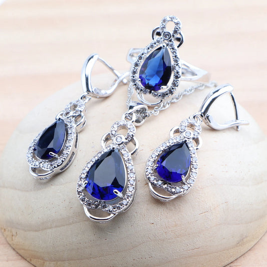 Blue Zircon 925 Silver Jewelry Sets Bridal Stones