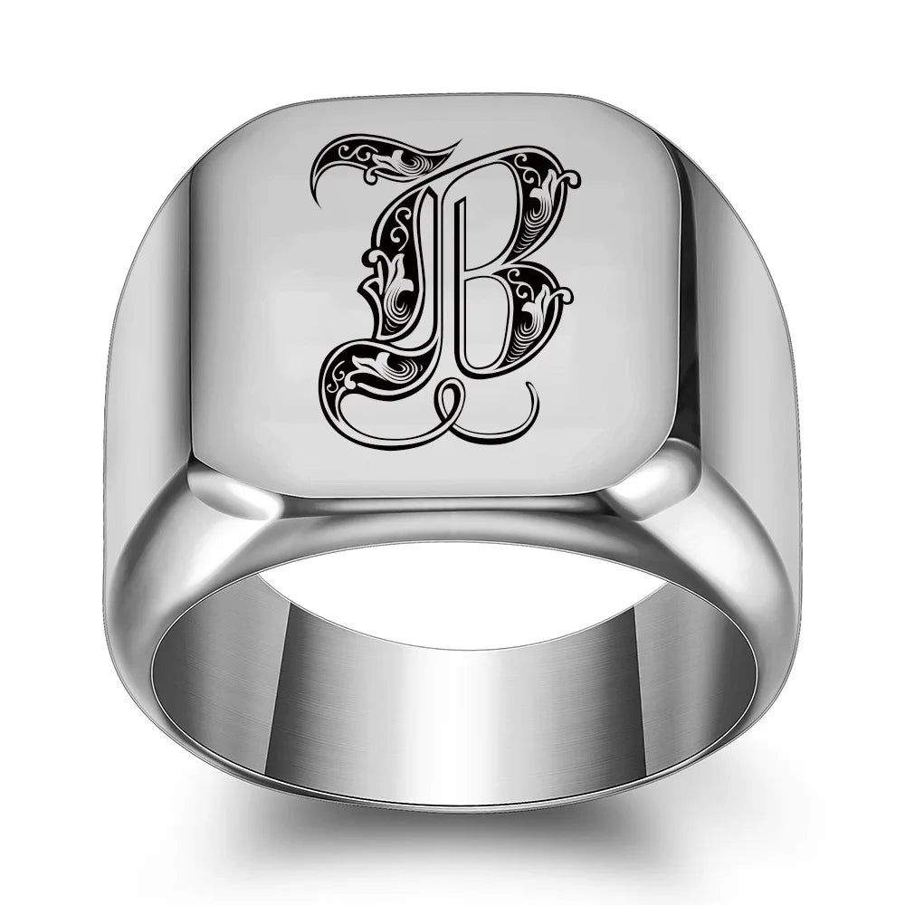 Retro Initials Signet Ring for Men 14mm