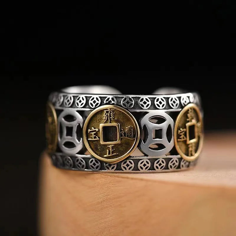 Chinese Style Vintage Copper Coin Opening Ring for Men Women