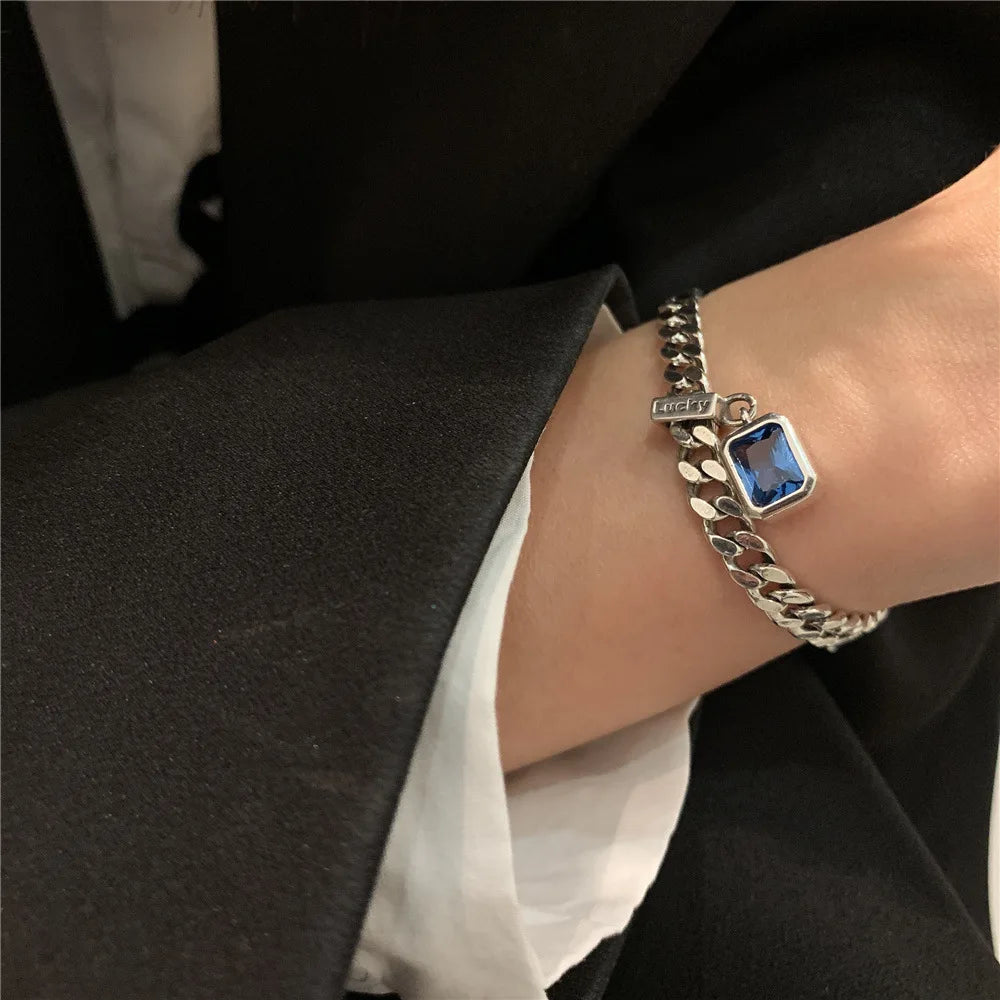 Popular 925 Sterling Silver Square Blue Crystal Bracelet