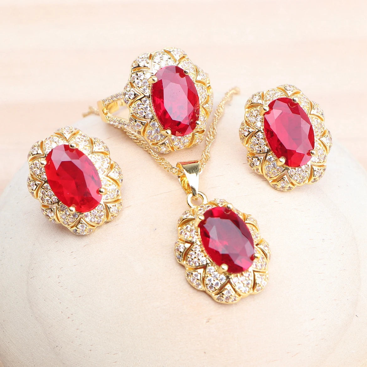 Bridal Red Zircon Jewelry Sets For Women 925 Silver Gold Color