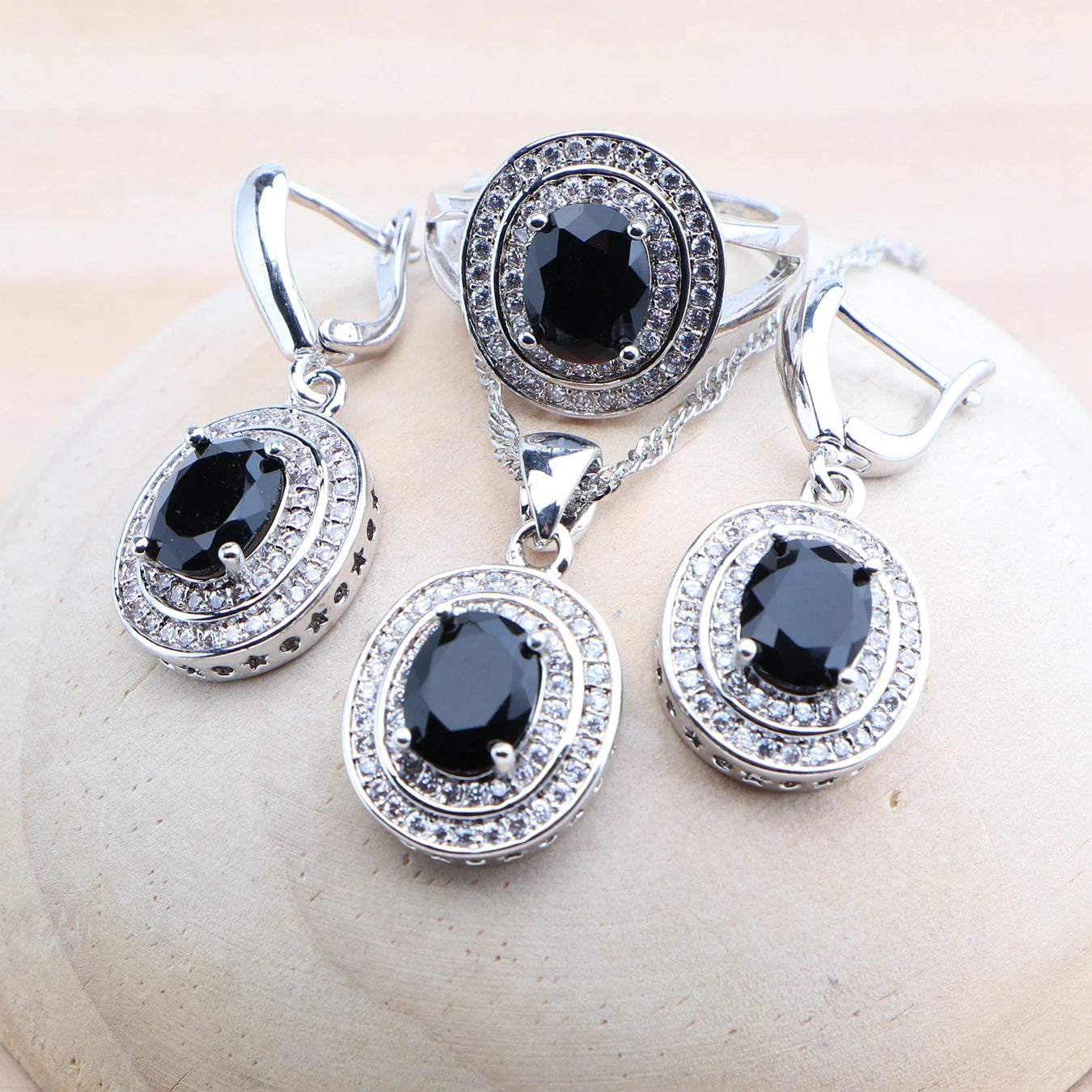 Black Zircon 925 Silver Bridal Jewelry Sets For Women