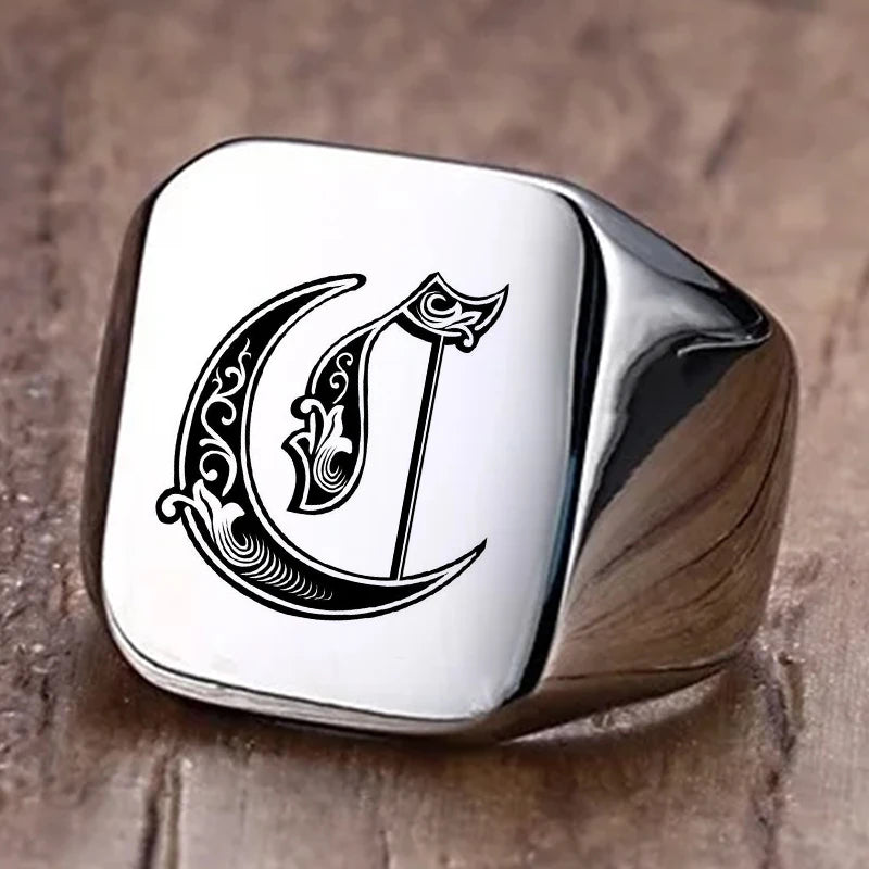 Retro Initials Signet Ring for Men 14mm