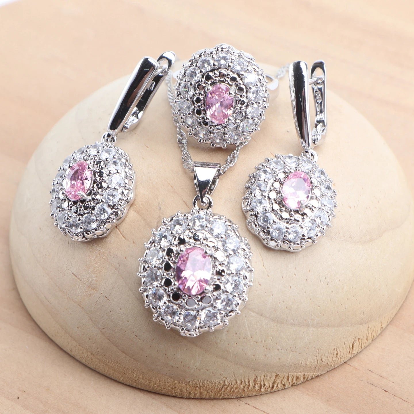 925 Silver Bridal Jewelry Sets For Women Pink Zircon