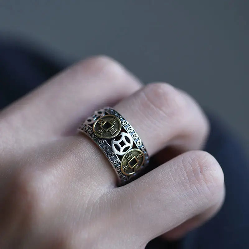 Chinese Style Vintage Copper Coin Opening Ring for Men Women