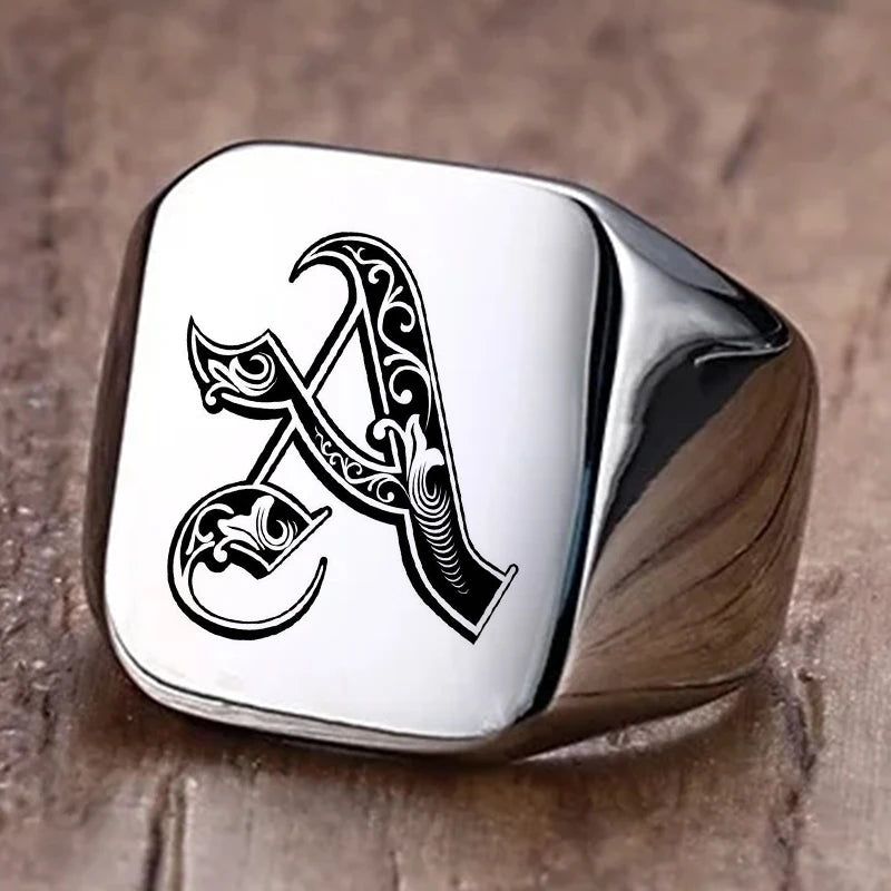 Retro Initials Signet Ring for Men 14mm